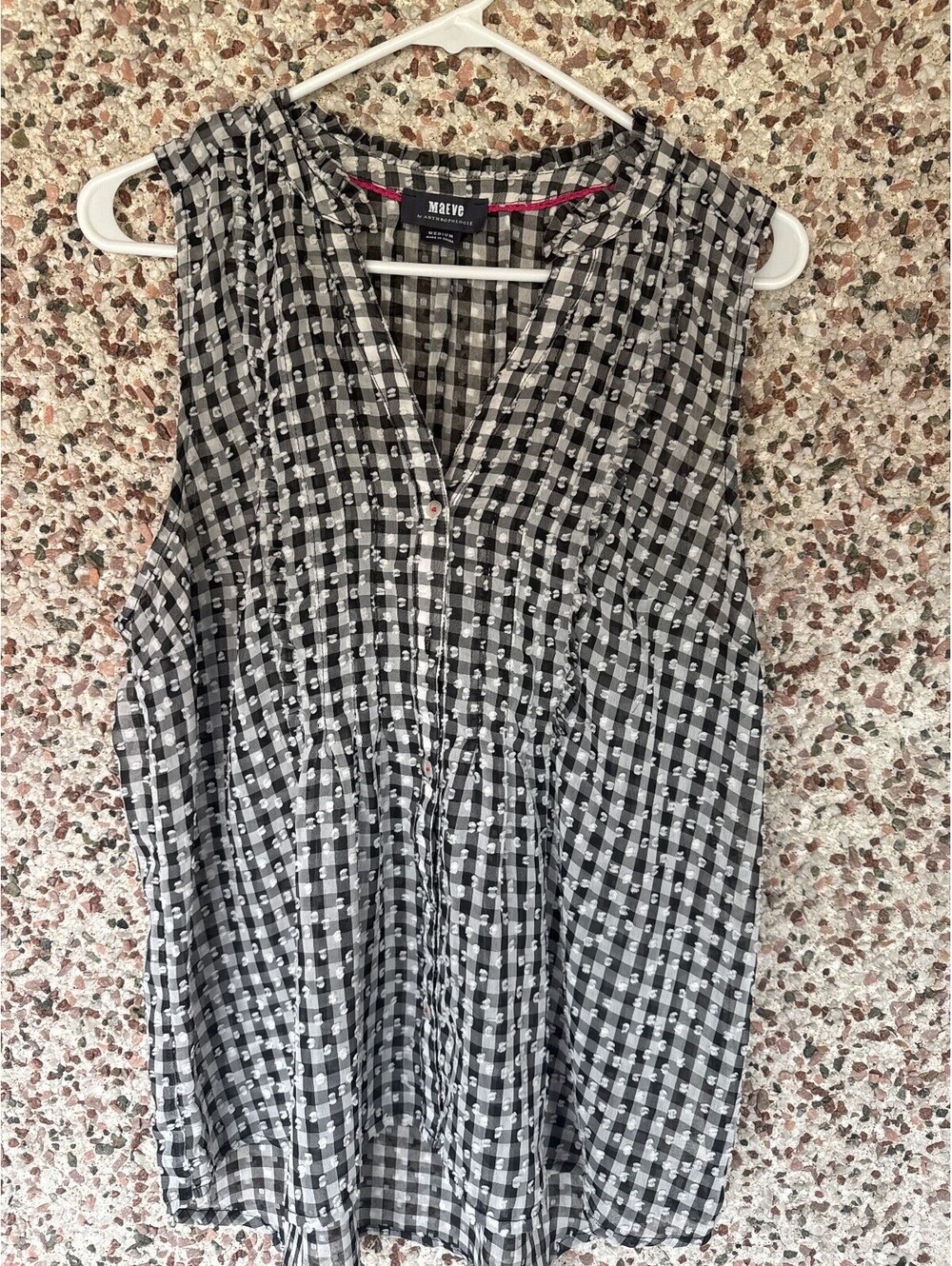 Maeve Anthropologie Gingham Clip Dot Sleeveless Blouse Womens M Black White